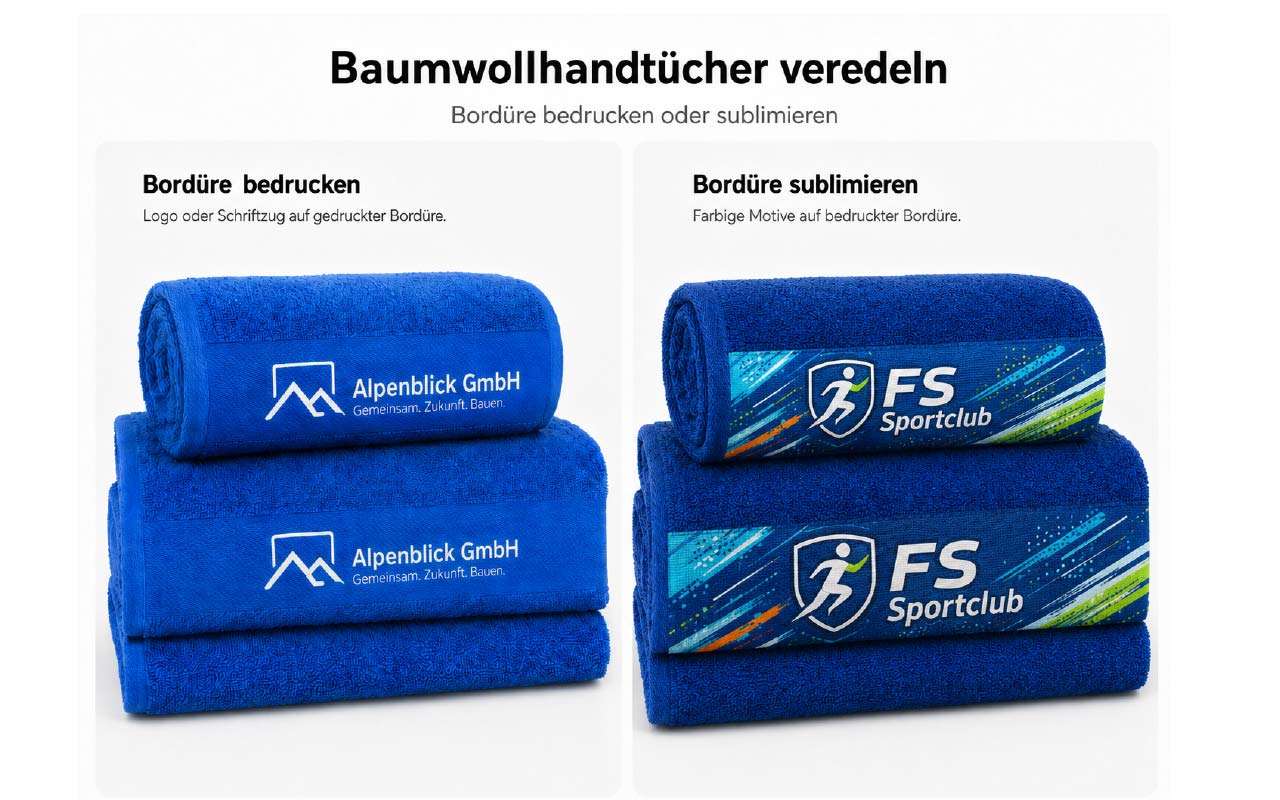 Baumwollhandtücher bedrucken lassen Handtücher bedrucken aus Baumwolle mit Bordüre in verschiedenen Farben<br />