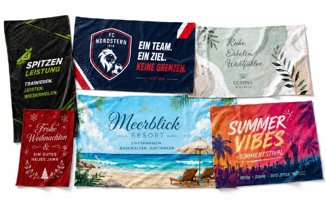 Verschiedene individuell bedruckte Handtücher für Sport, Vereine, Wellness, Weihnachten und Sommer auf weißem Hintergrund