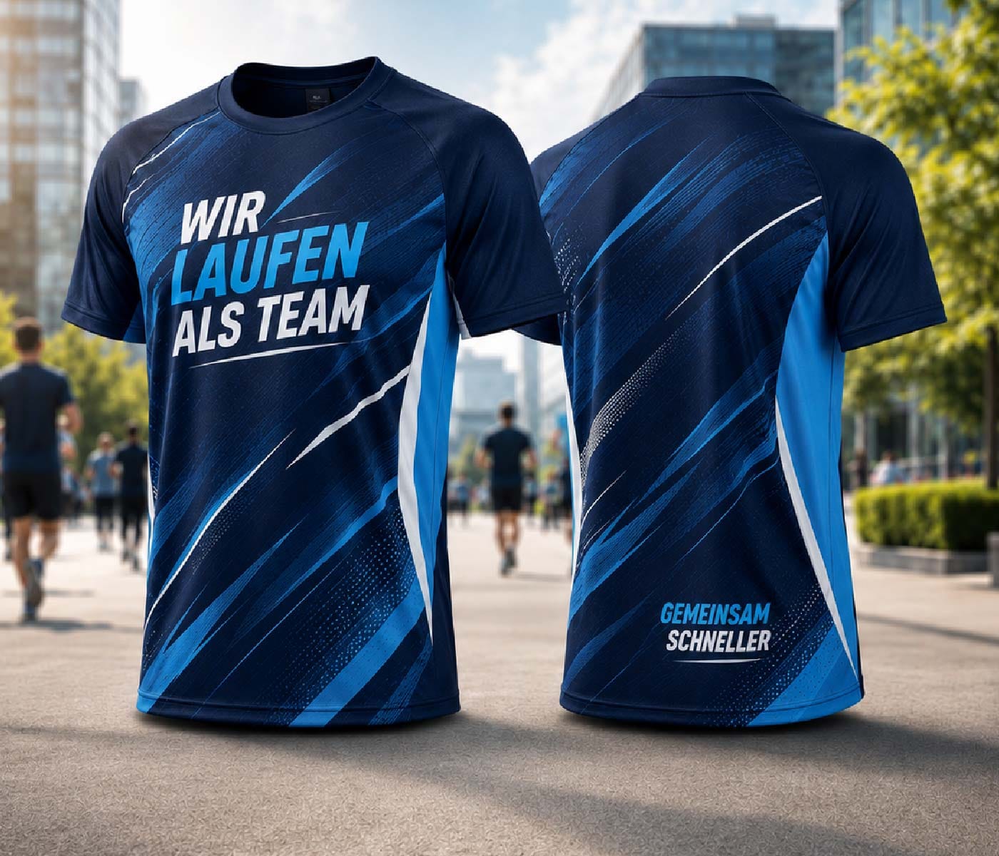 Individuell gestaltete Firmenlaufshirts für Unternehmen in Blau mit Team-Slogan