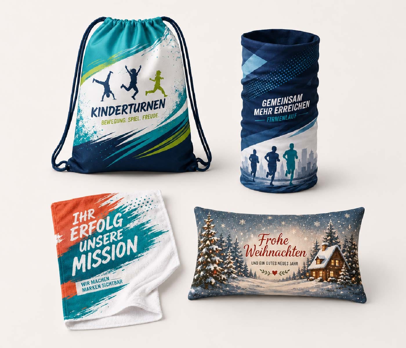 Individuell bedruckte Merchandise-Produkte mit Gymbag, Firmenlauf-Bandana, Werbehandtuch und Weihnachtskissen