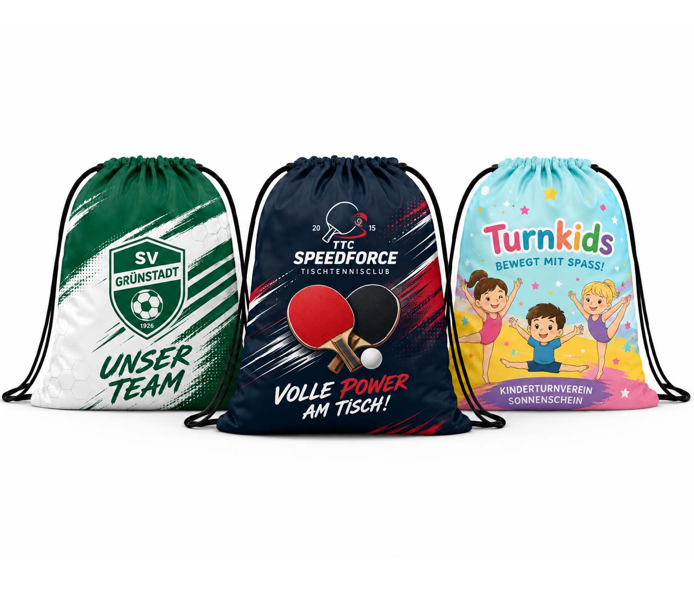 Drei individuell bedruckte Vereins-Gymbags für Fußball, Tischtennis und Kinderturnen auf weißem Hintergrund